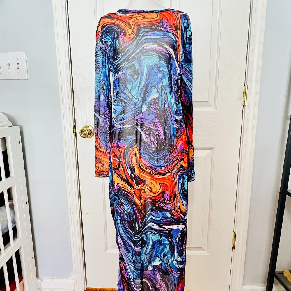 NEW NYC MESH MULTICOLOR SWIRL PRINT SIDE SLIT LONG MAXI SWIM COVER-UP LARGE